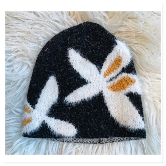 Anthropologie Accessories - Anthropologie In Bloom Fuzzy Beanie Hat Black White Yellow One Size Fits Most
